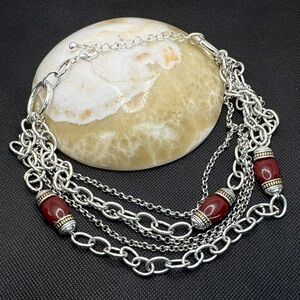 AVON Vintage Signed Silver Tone Red Bead Necklace Multi-Strand